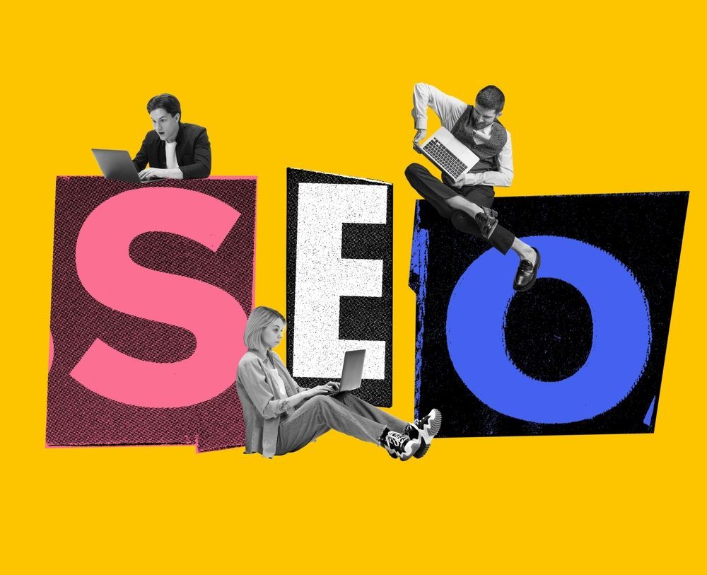 Collage depicting diverse professionals interacting with oversized SEO letters, emphasizing the dynamic and inclusive nature of modern SEO strategies
