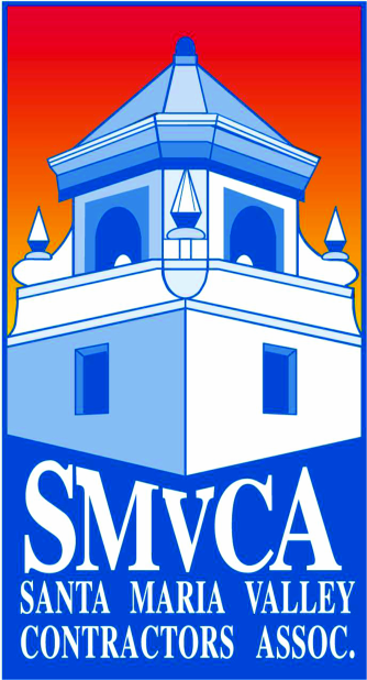 SMVCA Santa Maria Valley Contractors Association logo with blue and white building on red background