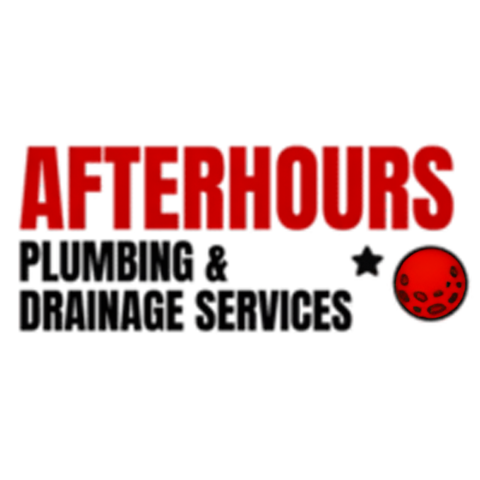 Afterhours Plumbing & Drainage Services logo in red, black, and white with a star and red drain icon