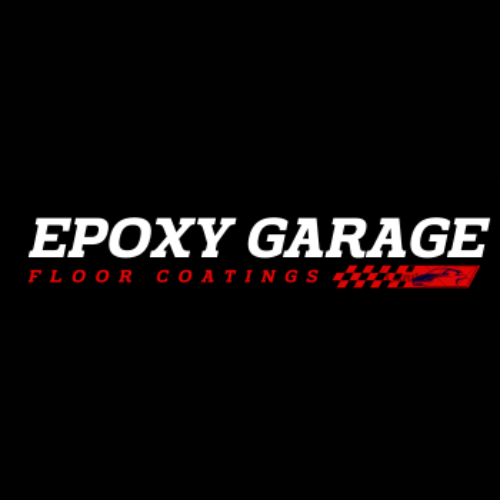 Epoxy Garage Floor Coatings logo in white and red on a black background