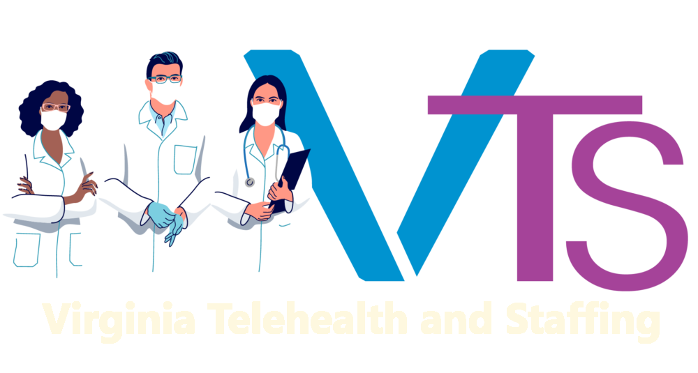 Virginia Telehealth and Staffing logo with medical staff illustration and blue-purple VT design