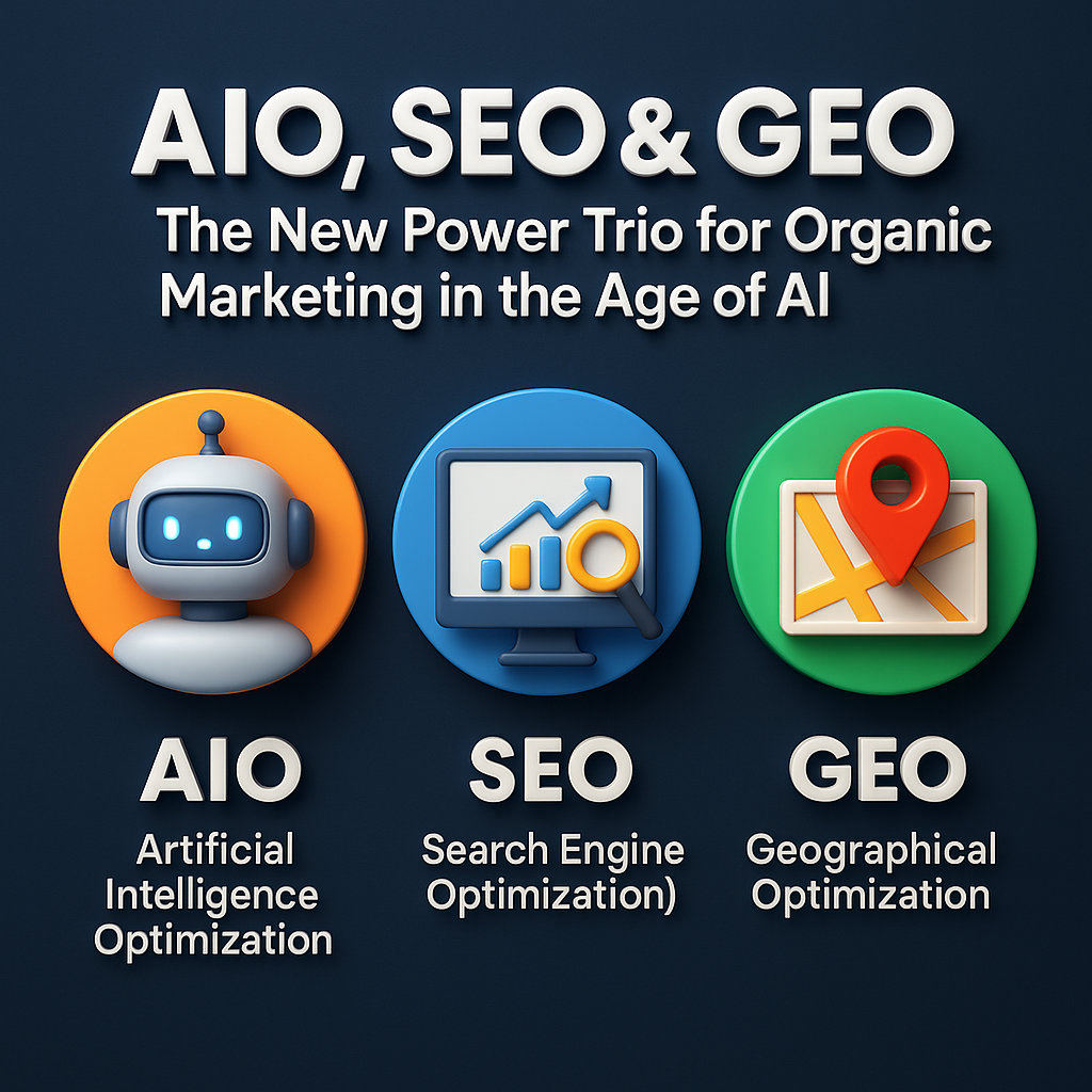 Graphic: AI, SEO, and GEO icons represent the new marketing trio.