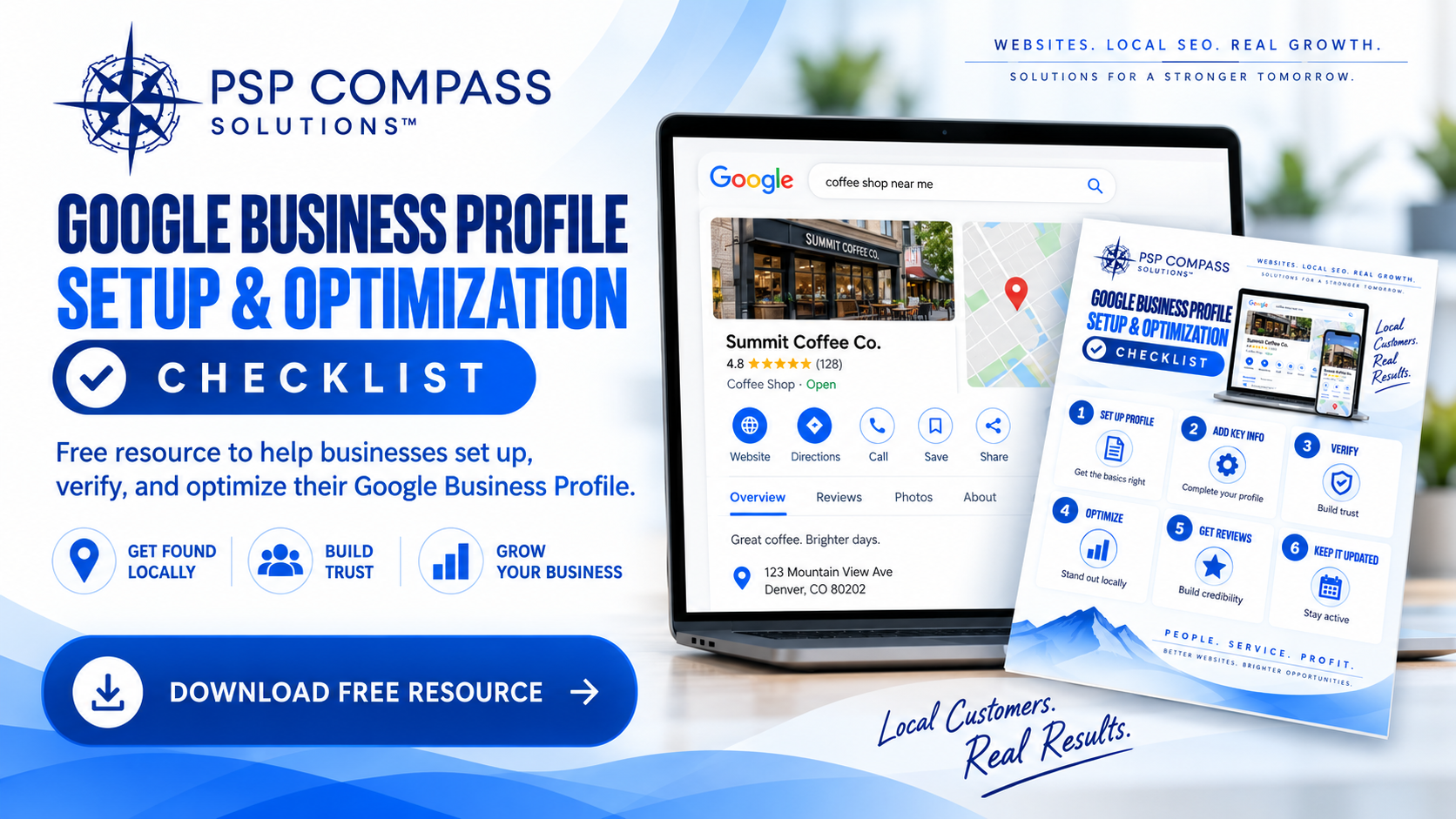 PSP Compass Solutions website resource banner promoting a free Google Business Profile setup and optimization checklist for local businesses, including profile verification, local SEO, reviews, and business listing accuracy.
