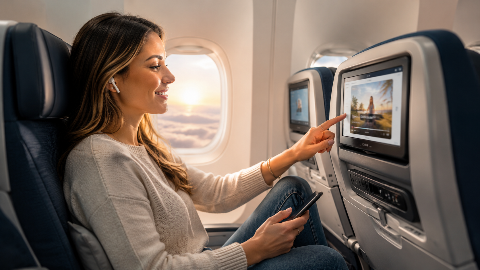Passenger using an in-flight entertainment screen on an airplane, representing in-flight video advertising and travel-based digital marketing.