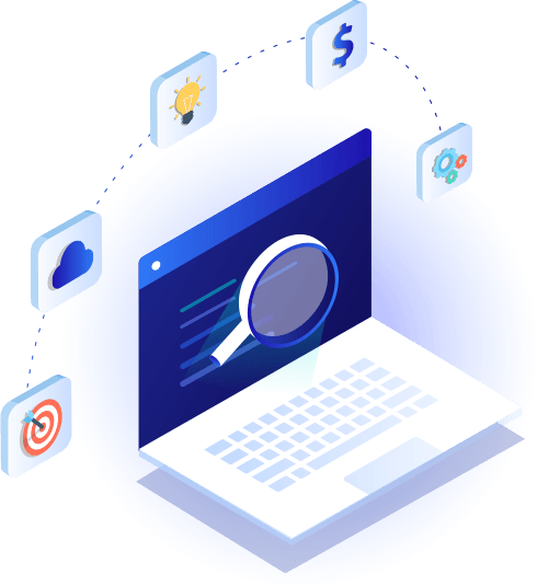 Laptop screen with magnifying glass and floating app icons, suggesting online search or data analysis