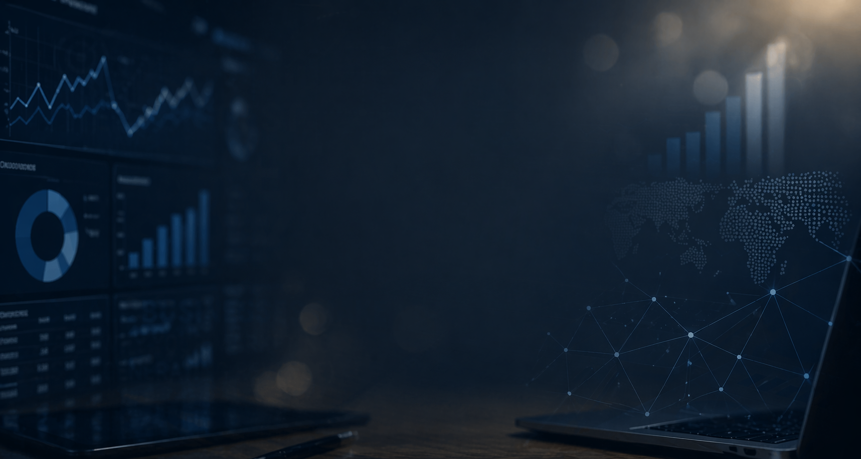 Abstract marketing analytics background featuring blurred dashboard charts and data visuals,