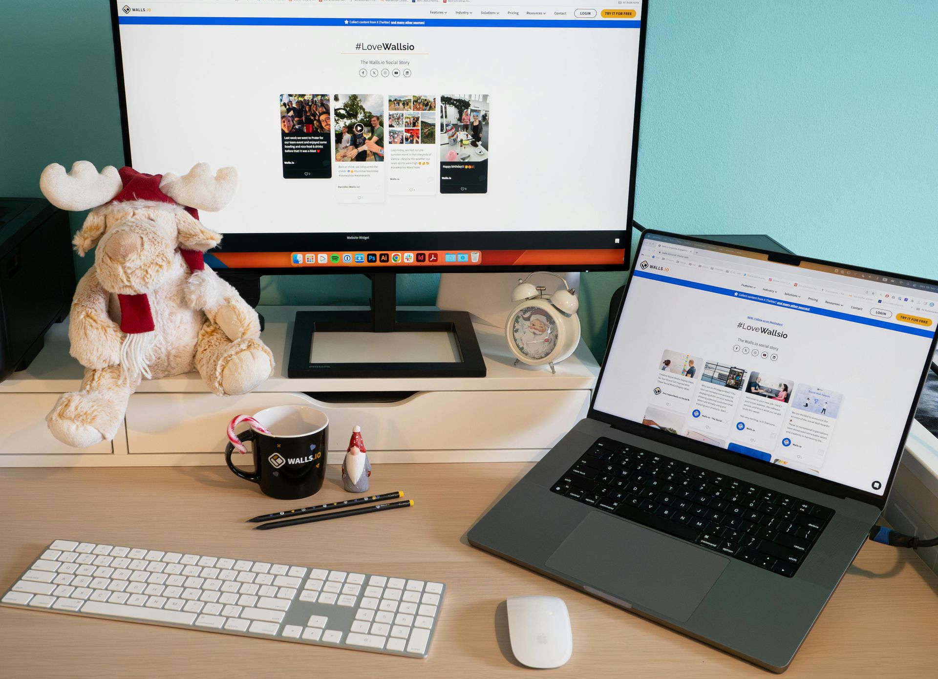 A desk with a laptop , monitor , keyboard and mouse.