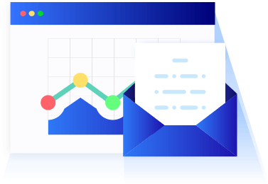 Email and analytics illustration with blue chart window and envelope icon