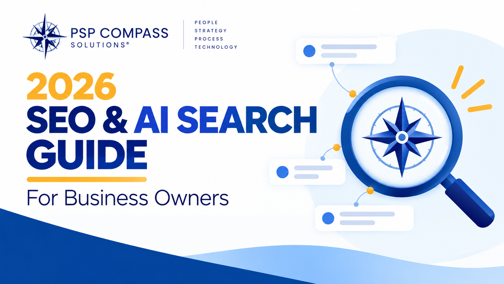 PSP Compass Solutions 2026 SEO and AI Search Guide for Business Owners, featuring a compass inside a magnifying glass.