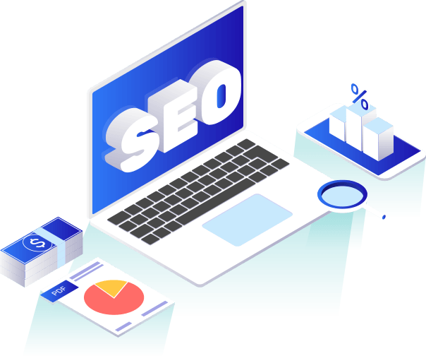 Isometric SEO dashboard with laptop, charts, and analytics icons in blue and white