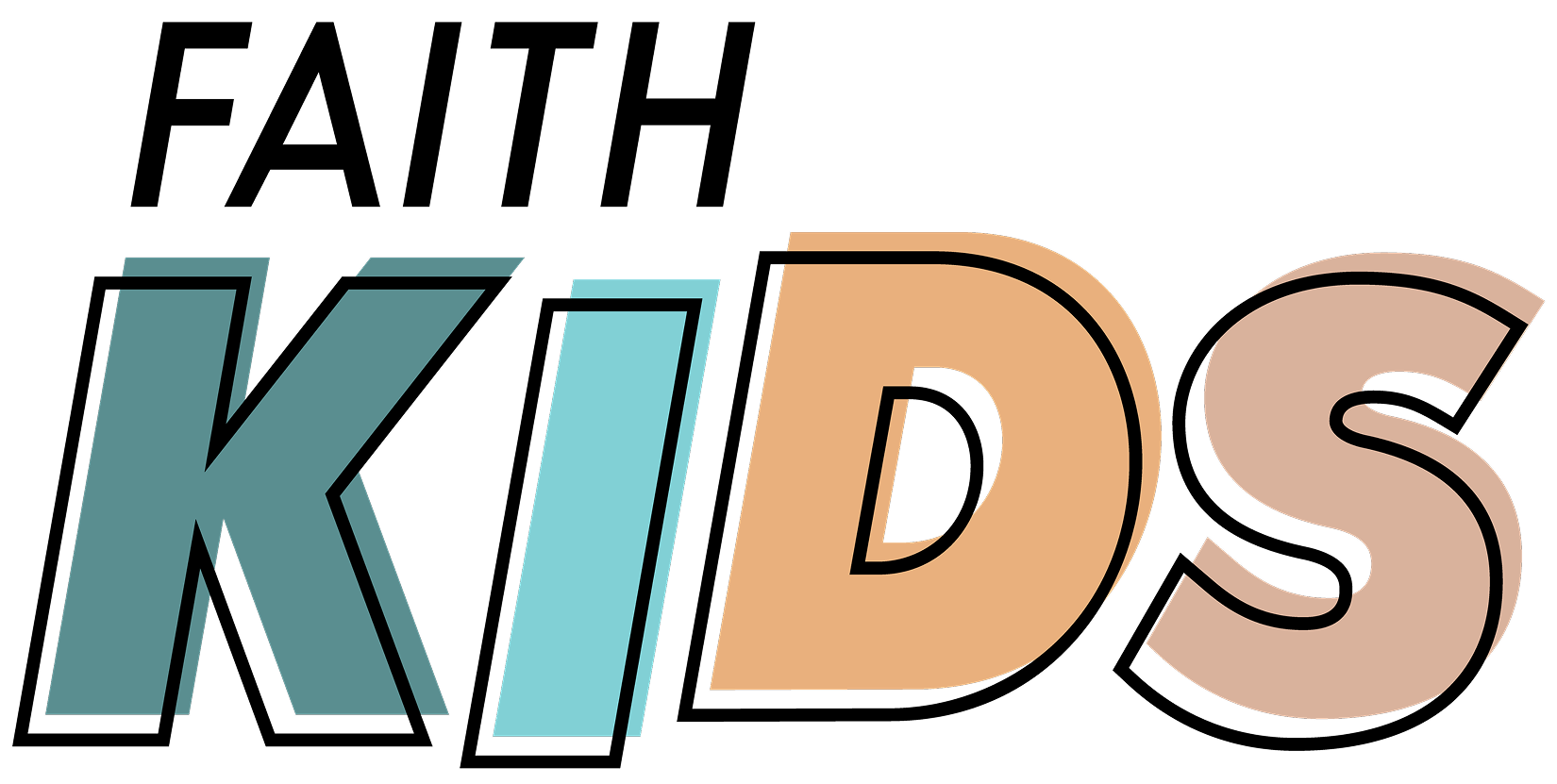 Logotipo de FAITH KIDS con texto negro en negrita y letras turquesa, azules y naranjas sobre fondo blanco