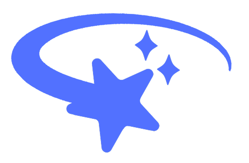 Blue star with sparkles and a swooping curved trail on a white background