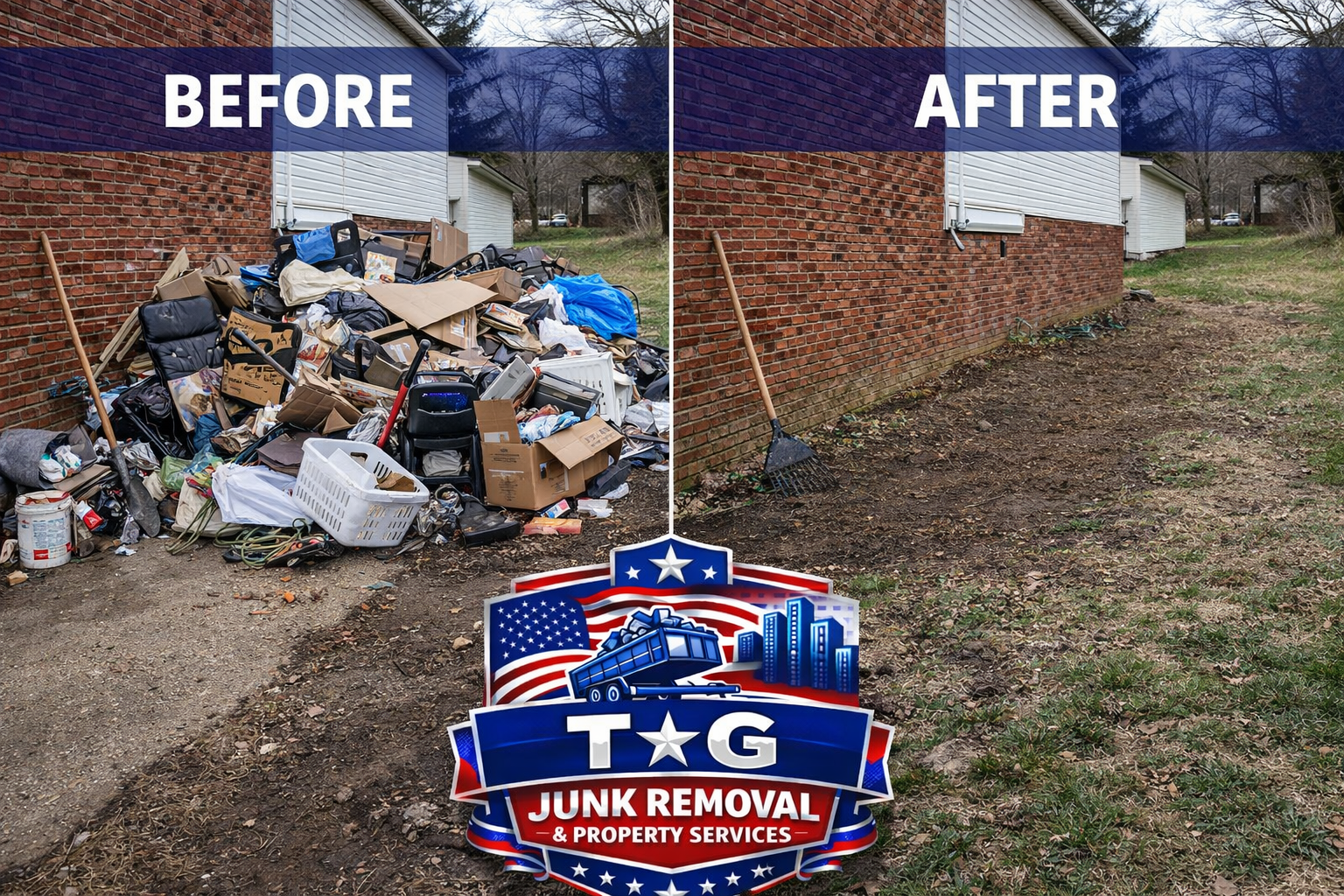 A before-and-after comparison showing a cluttered yard cleared of junk by T&G Junk Removal & Property Services.