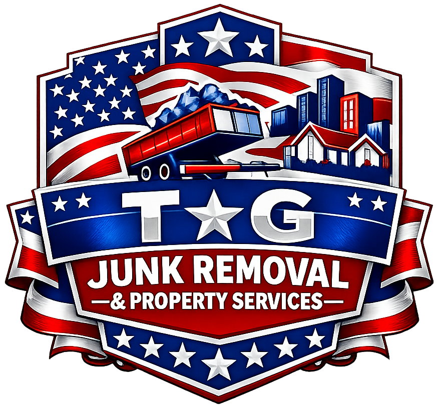 Logo for T&G Junk Removal & Property Services featuring a dumpster, city skyline, and American flag motif in red, white, blue.