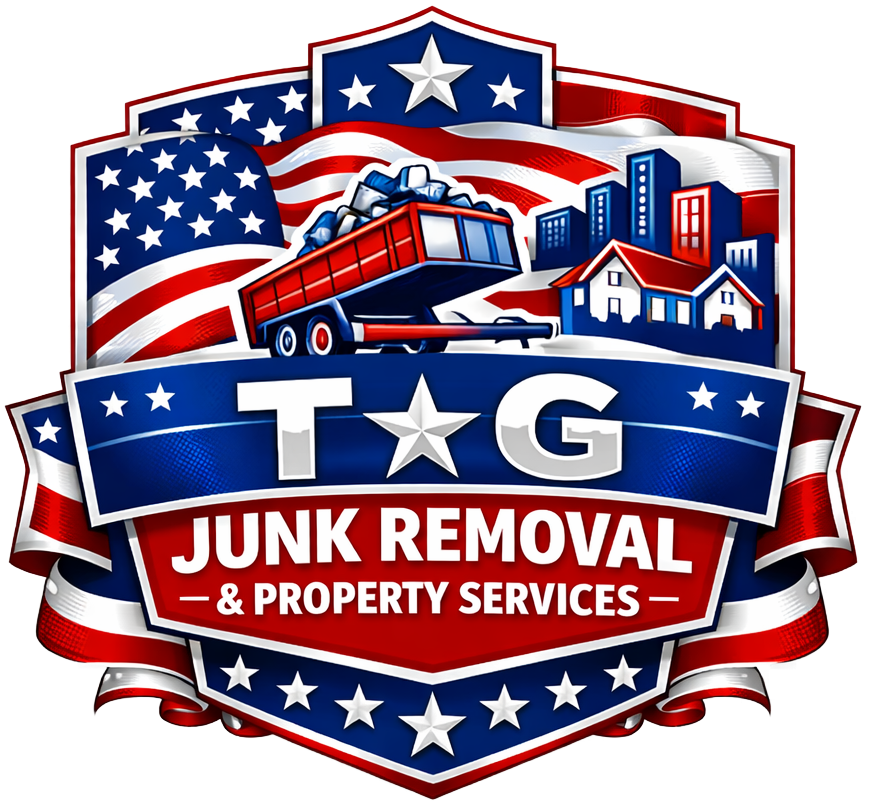 Logo for TG Junk Removal & Property Services featuring a dump trailer, buildings, and an American flag theme.