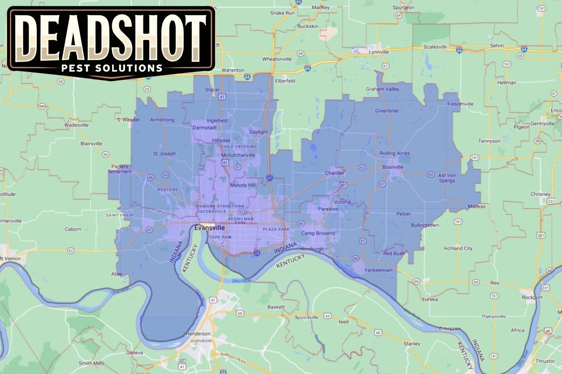 A map of a city with a logo for deadshot pest solutions.