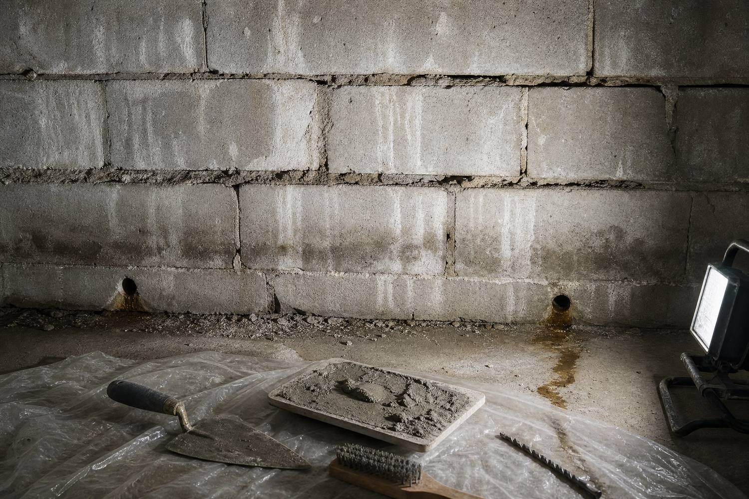 Repointed hollow block foundation wall in a Lima, OH basement