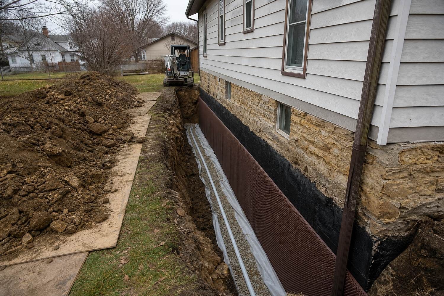 Exterior waterproofing excavation and French drain at a Zanesville, OH home
