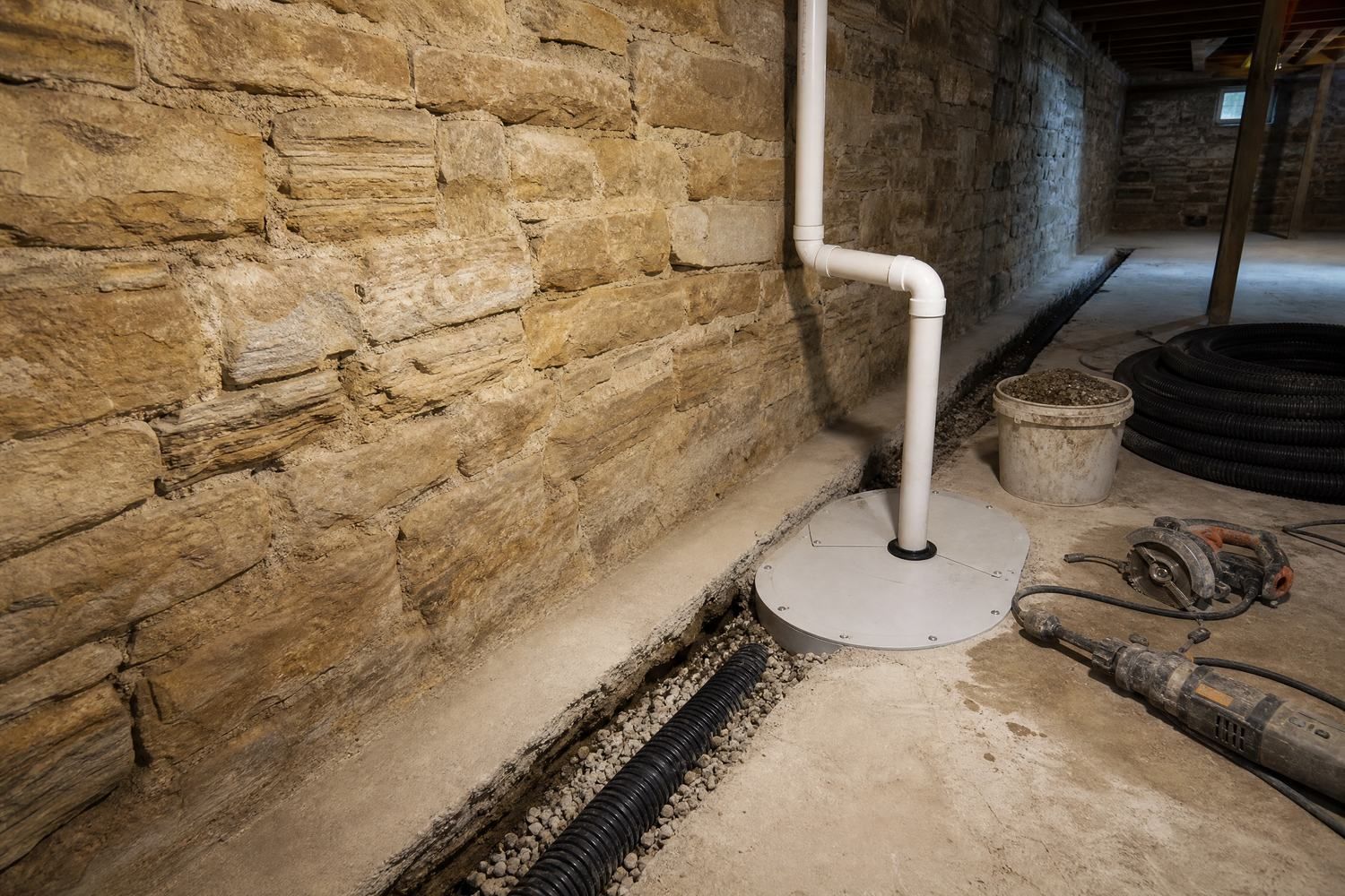 Interior drainage system and sump pump installed in a Zanesville, OH basement