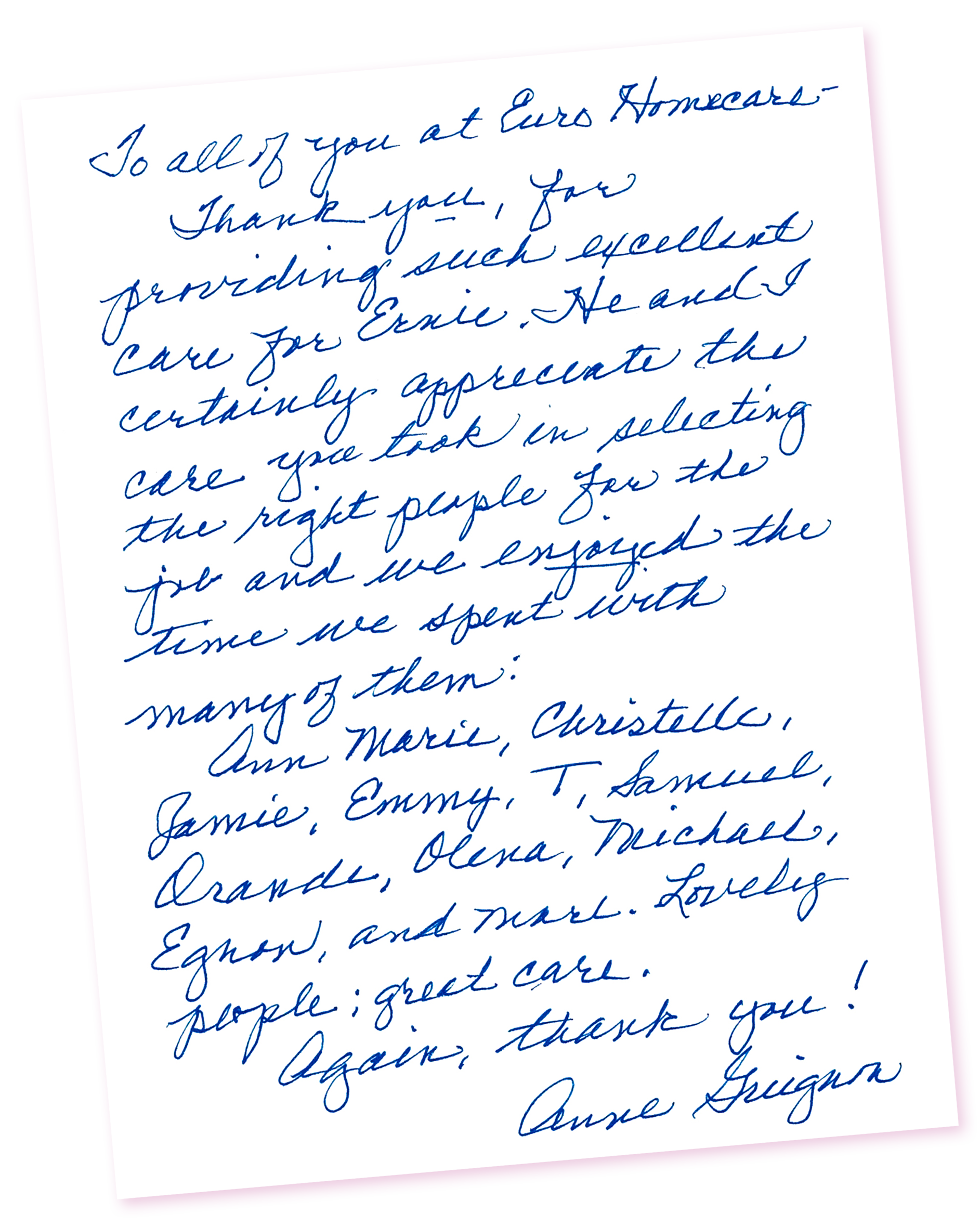 Handwritten thank you note on white paper.