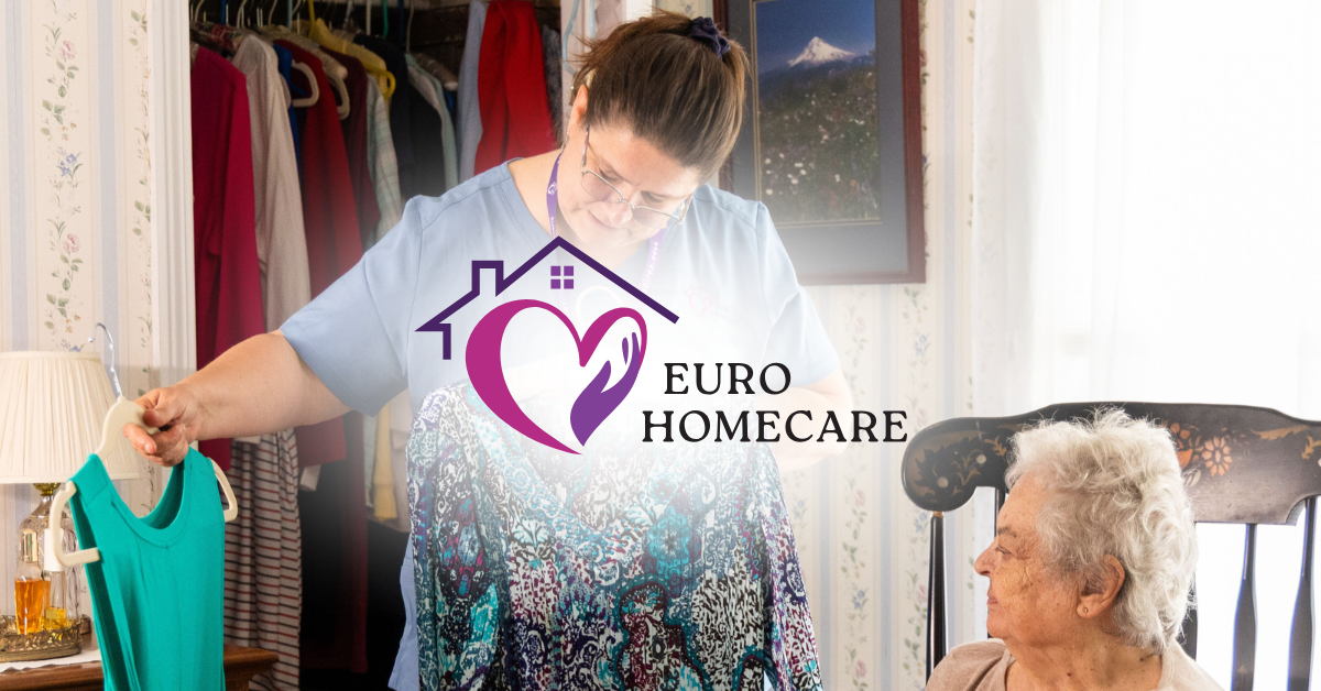 Caregiver helping an older adult choose clothes in a closet, with Euro Homecare logo overlay