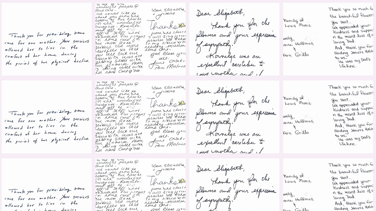 Handwritten notes arranged in a grid of nine small white pages on a light pink background.