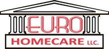 A logo for euro homecare llc with a house and columns.