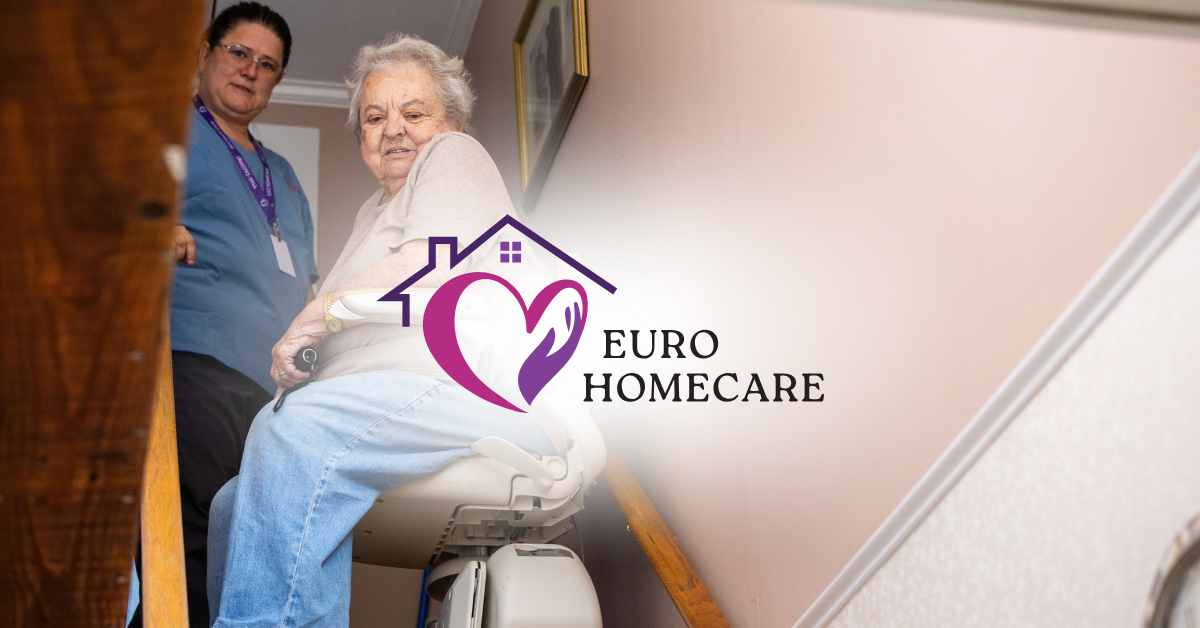 Caregiver assisting a seated patient beside the Euro Homecare logo