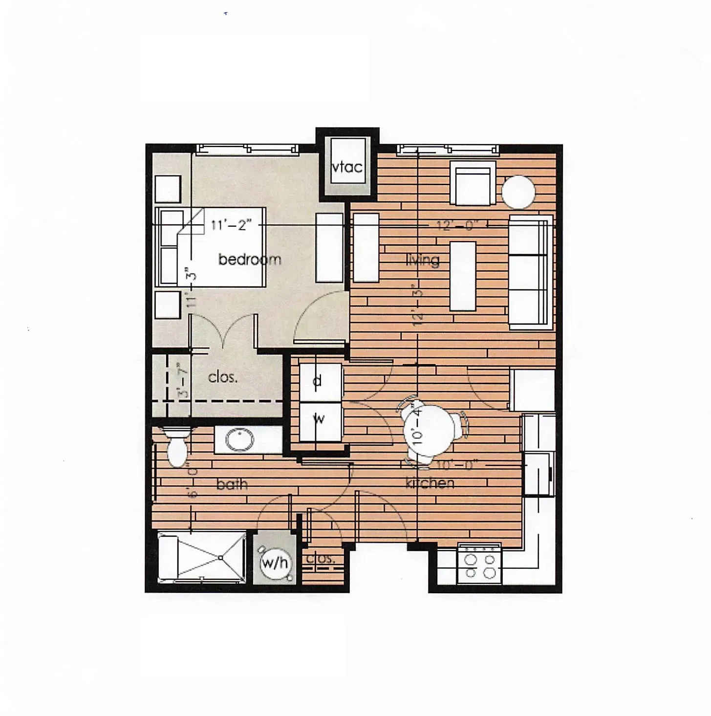 Compact apartment floor plan with bedroom, bath, kitchen, and living area on a white background