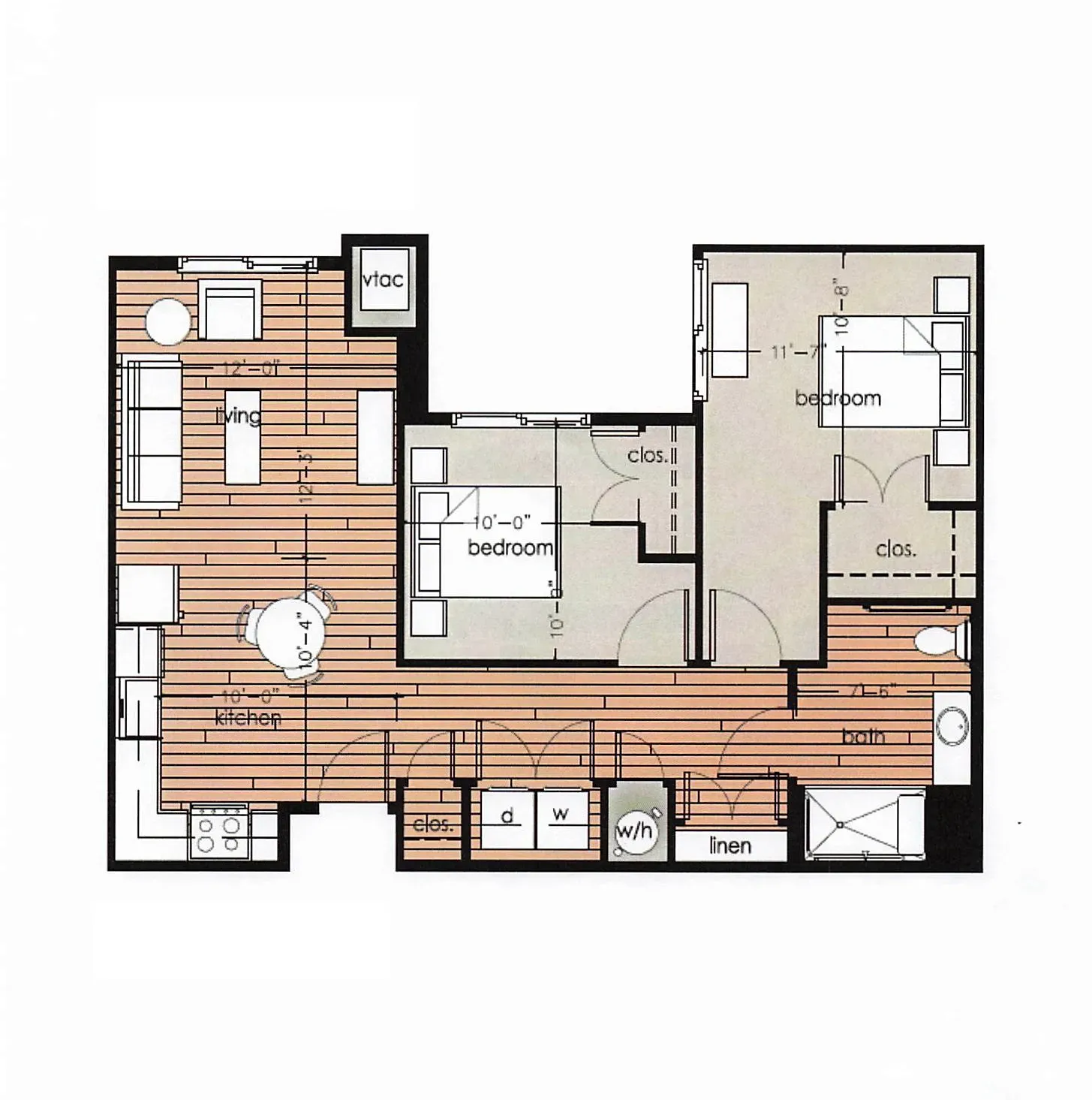 Floor plan of a small apartment with labeled rooms, balcony, bath, and kitchen layout