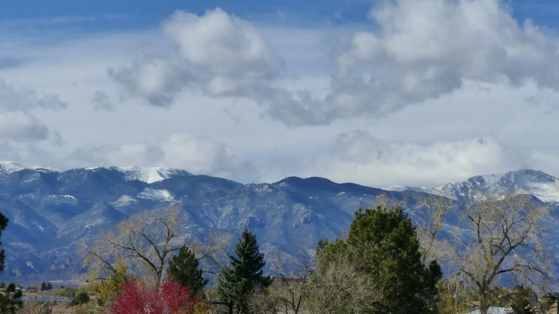 Snow-dusted mountains under cloudy sky with trees and shrubs in the foreground