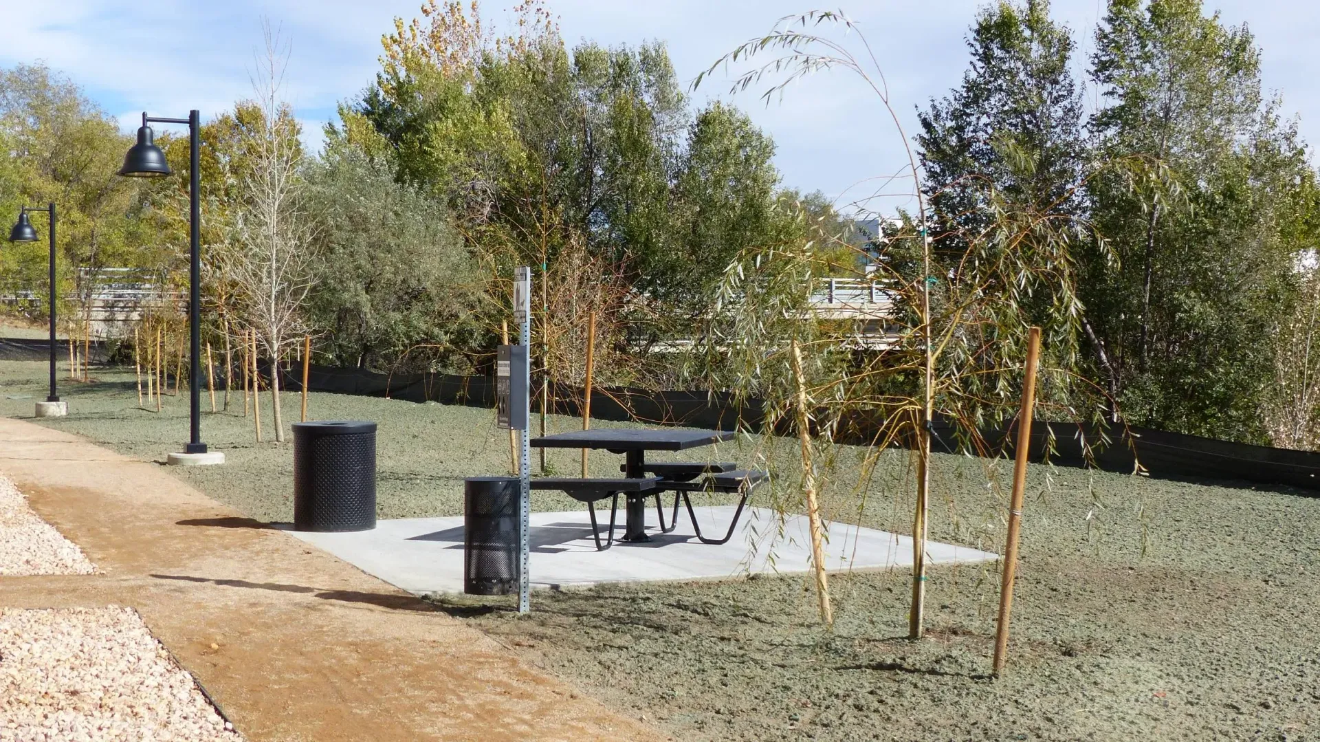 Park picnic area with table, trash can, and young trees along a gravel path under clear daylight.