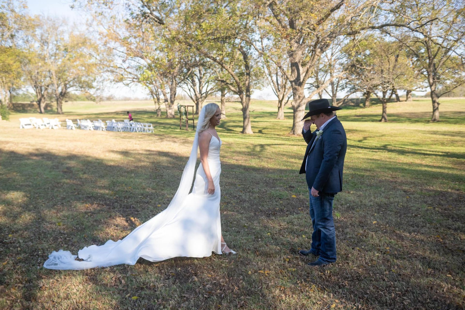 groom crying during first look with bride
