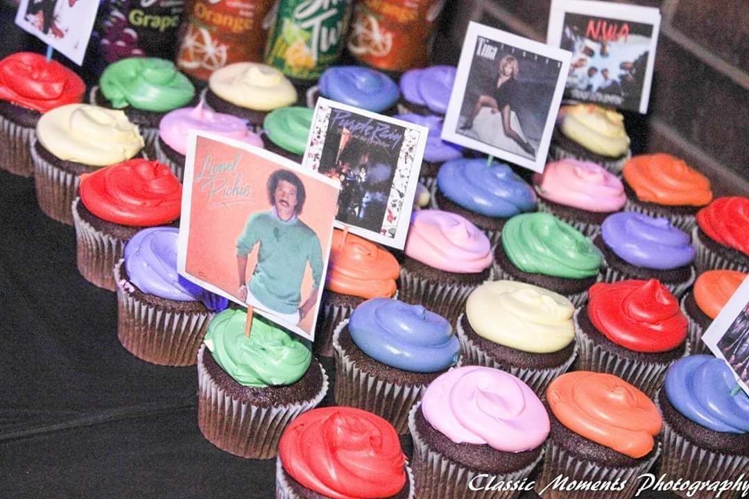 colorful cupcakes with 80's album decor
