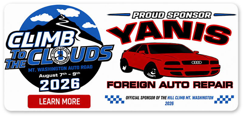 Sponsor banner for Climb to the Clouds 2026 with YANIS foreign auto repair logo in blue, black, and red