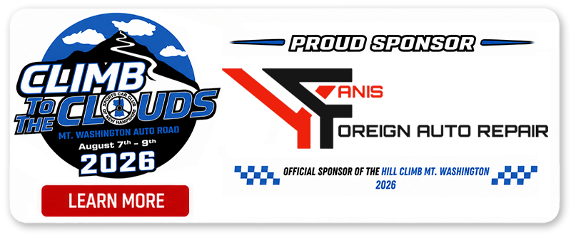Sponsor banner for Climb to the Clouds 2026 with YANIS foreign auto repair logo in blue, black, and red