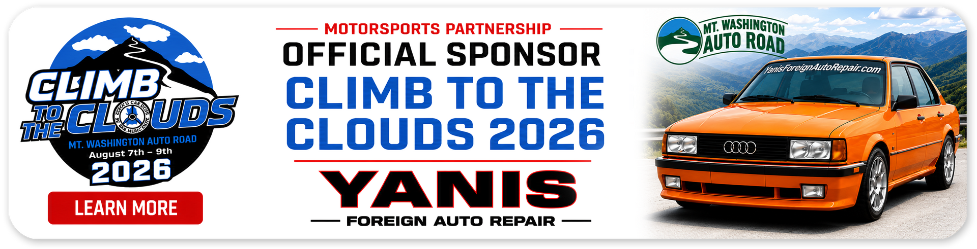Yanis sponsor banner for Climb to the Clouds 2026 with blue race car and orange van