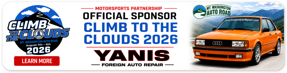 Yanis truck promo banner with “Official Sponsor,” “Climb to the Clouds 2026,” and an orange van on the right