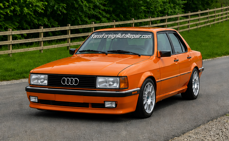 Orange Audi sedan parked on a road beside a wooden fence and green trees