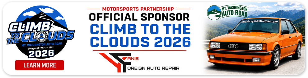 Promotional banner for “Climb to the Clouds 2026” with a blue race car and orange van on a white background