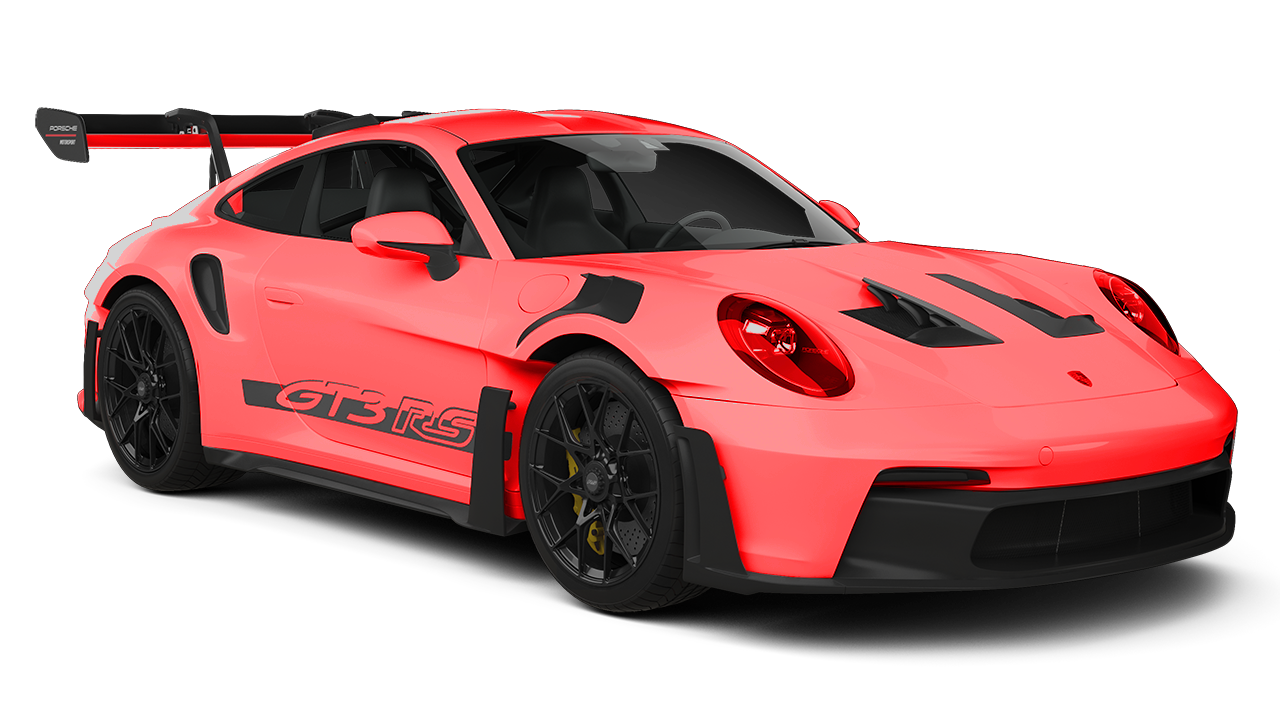 Red sports car with black accents and large rear wing, shown on a white background