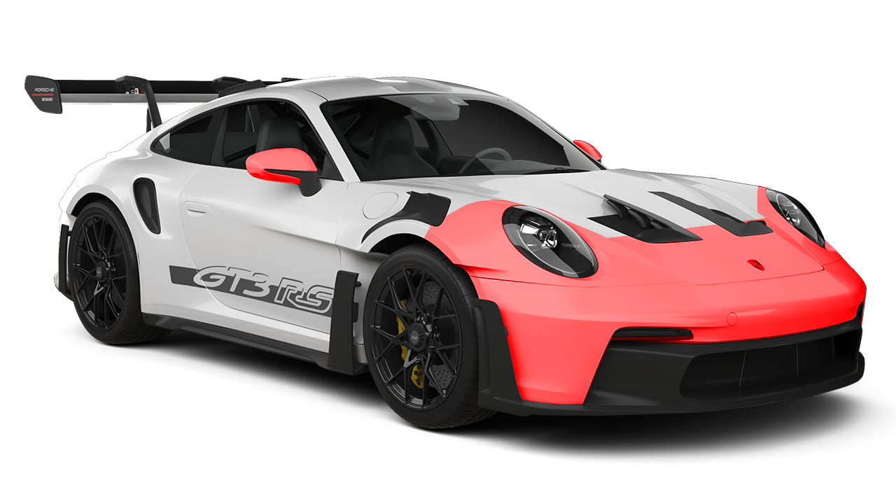 Red sports car with black accents and large rear wing, shown on a white background