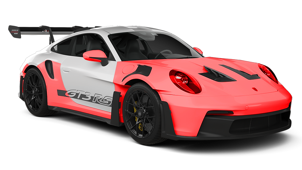 Red sports car with black accents and large rear wing, shown on a white background