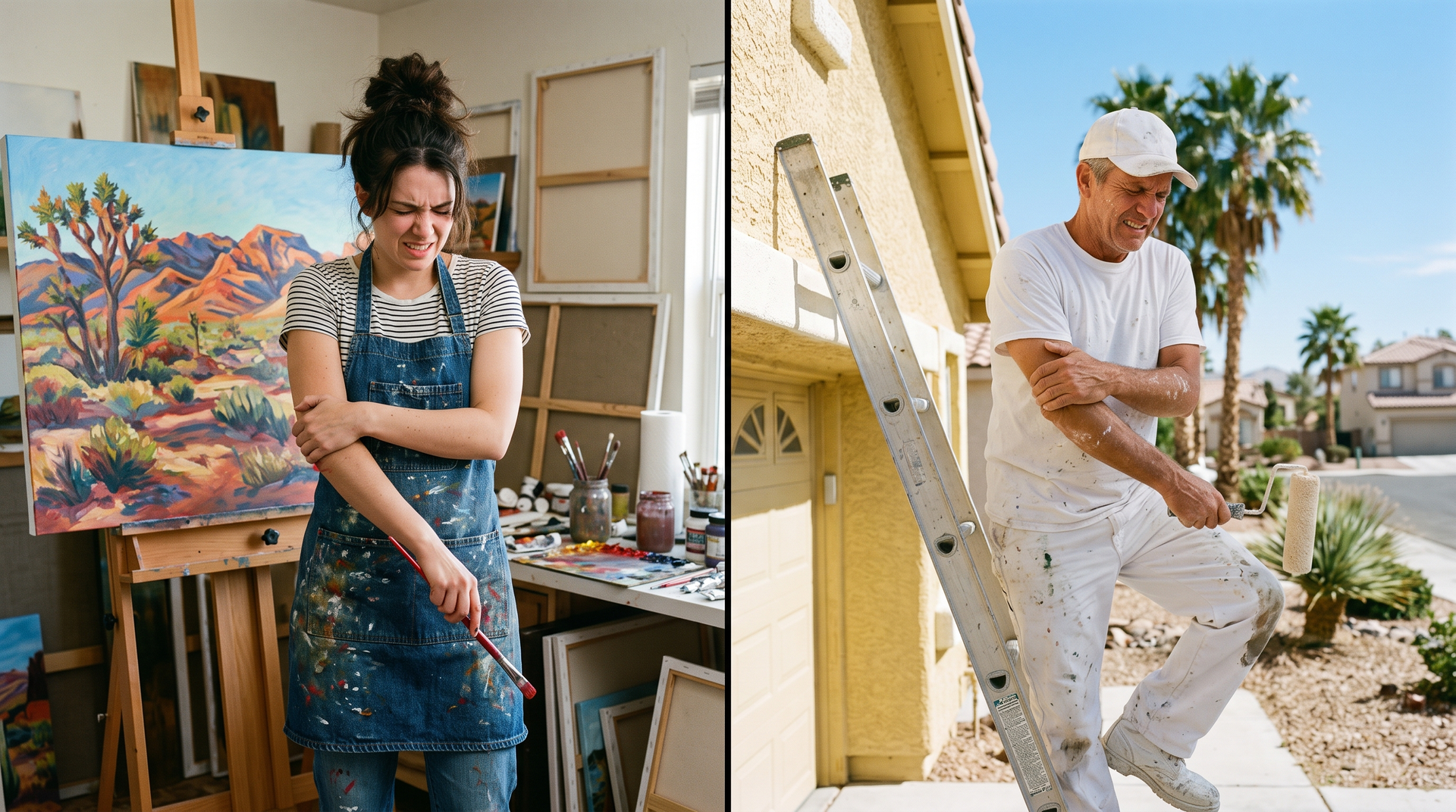 Split view of a painter in a studio and a man working on a ladder outdoors in bright sunlight
