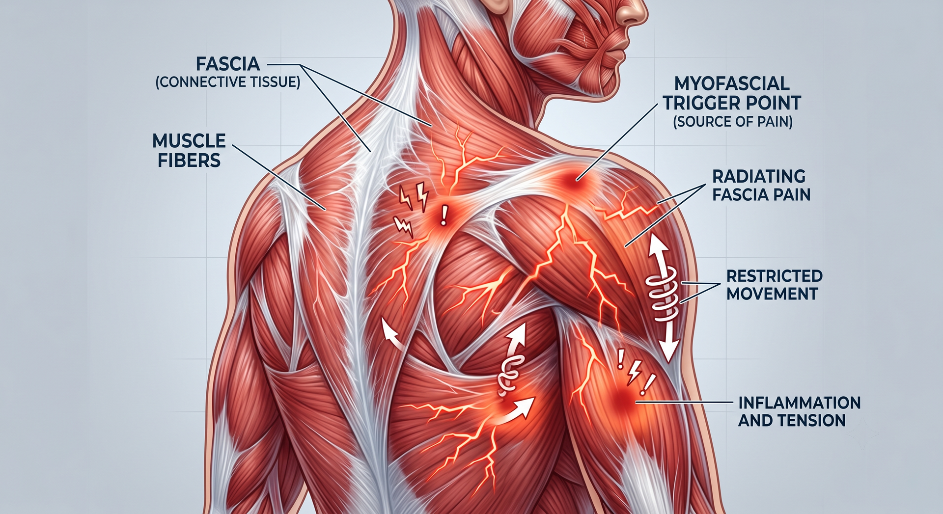 Anatomical illustration of human back and shoulder muscles and fascia.