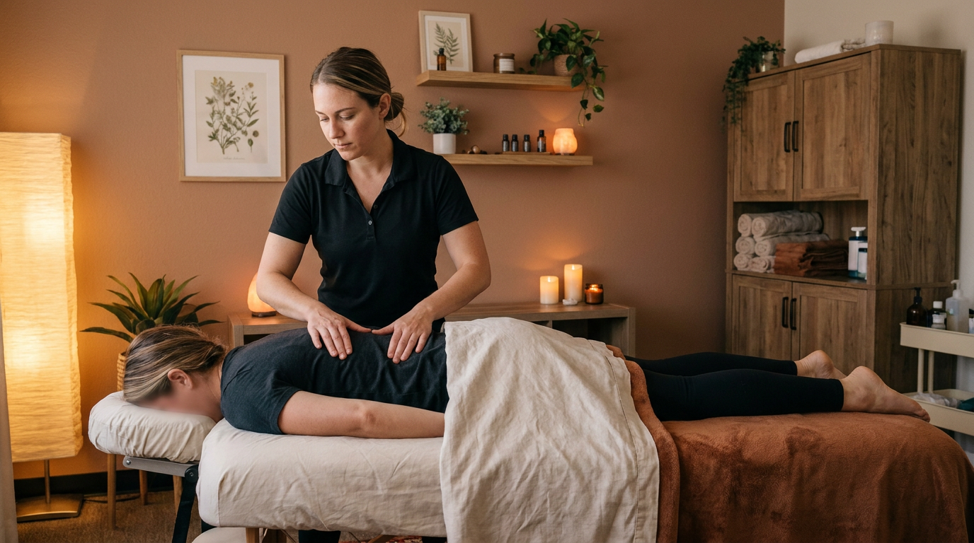 Myofascial release therapist working on a client lying face down in a warm treatment room