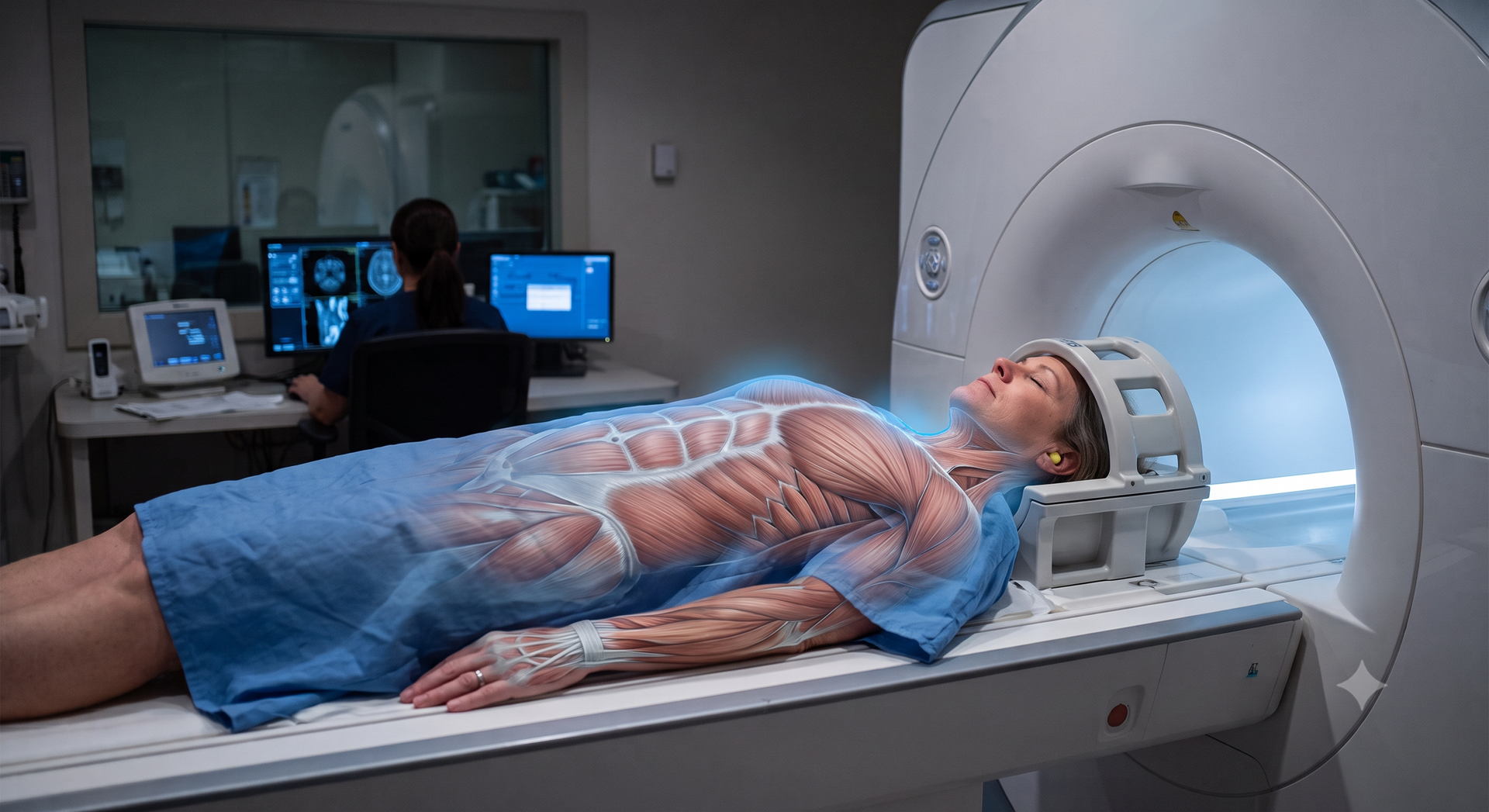 A side-view illustration of a man undergoing an MRI scan, with a detailed, glowing graphic overlay s