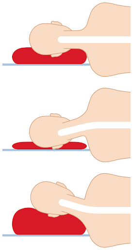 Three illustrations of a person's head and neck on pillows. Each showing different head and neck positions.