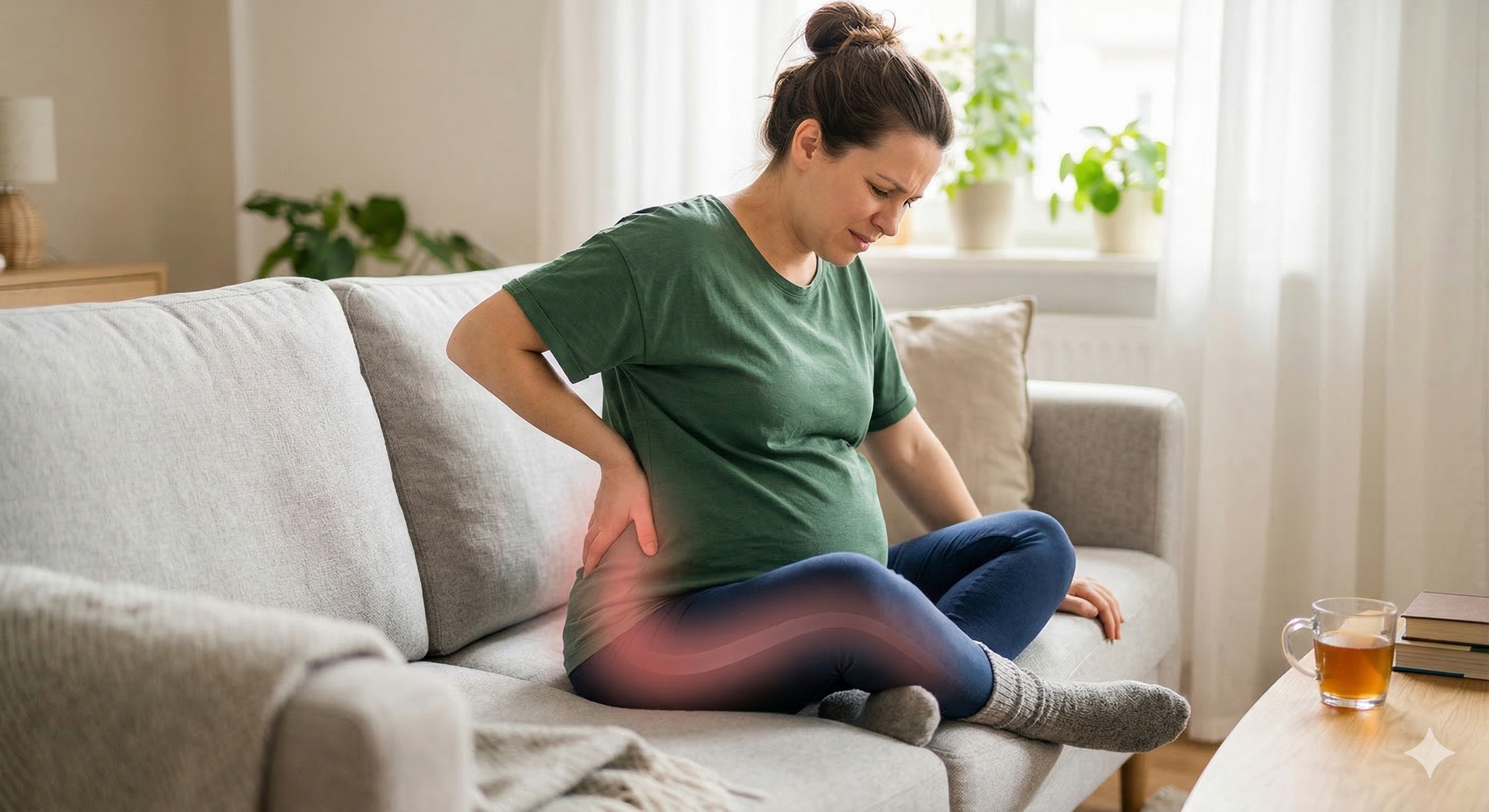 A pregnant person sitting on a sofa with a pained expression, holding their back as a red glow indicates pain.