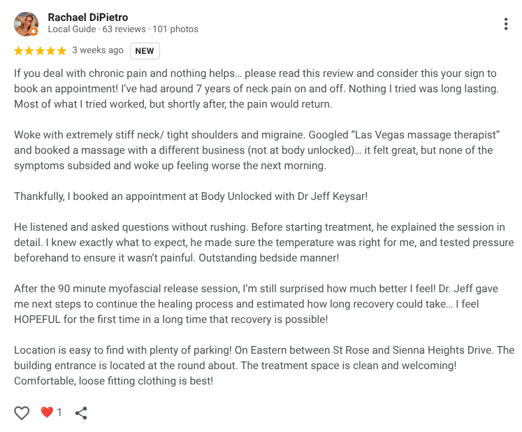 Review of a myofascial release therapist, Body Unlocked, detailing pain relief experience.